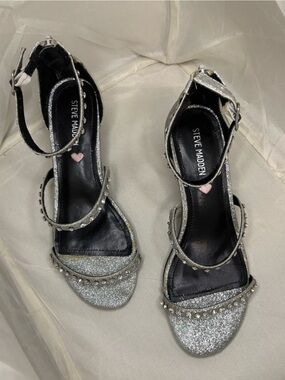 Steve Madden Silver Glitter Studded Ankle-Strap Heels